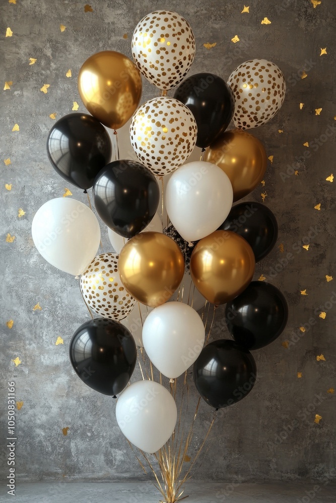Elegant balloon arrangement with gold, black, and white colors for a festive celebration Elegant balloon arrangement with gold, black, and white colors for a festive celebration