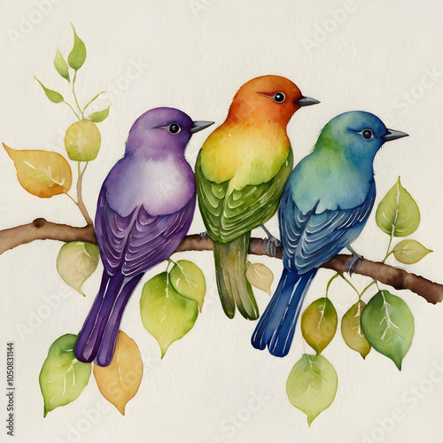 Illustrate a delightful watercolor scene of four adorable, colorful birds sitting on a leafy brown branch. Each bird, with its own unique colorpurple, green, orange, and bluehas round, playful eyes di photo