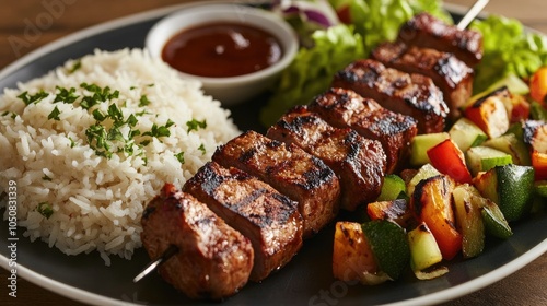 Delicious Grilled Skewers with Rice and Vegetables