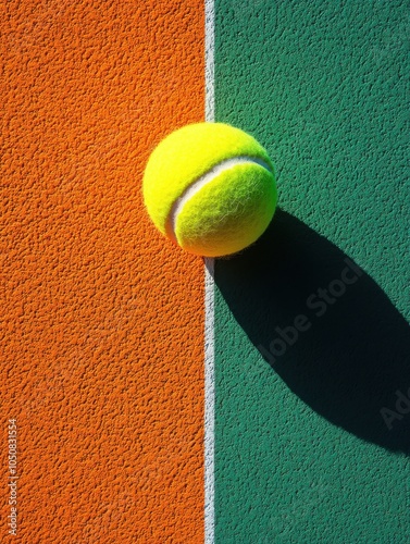 Tennis ball on a tennis court with a shadow of a tennis ball photo