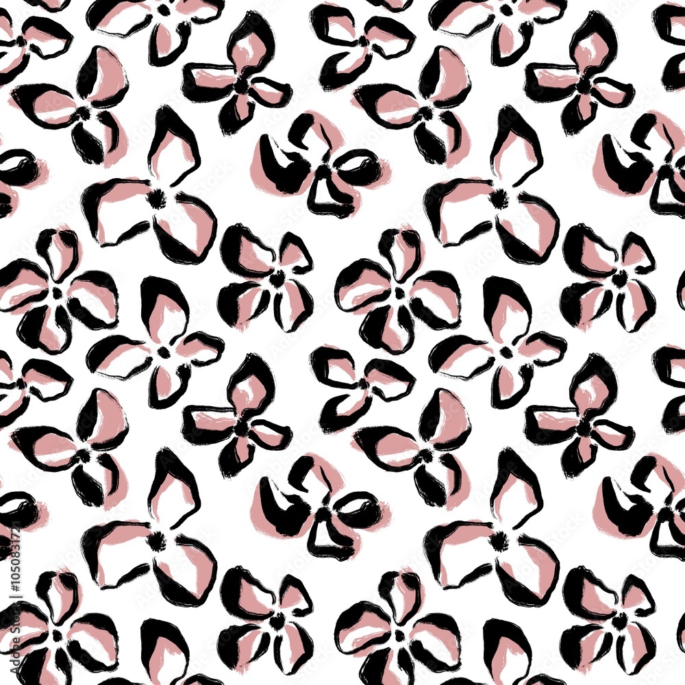 Seamless abstract botanical pattern. Simple background with black, pink, white texture. Digital brush strokes. Flowers. Design for textile fabrics, wrapping paper, background, wallpaper, cover. Seamless abstract botanical pattern. Simple background with black, pink, white texture. Digital brush strokes. Flowers. Design for textile fabrics, wrapping paper, background, wallpaper, cover.