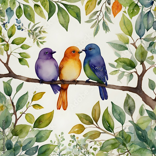 Illustrate a delightful watercolor scene of four adorable, colorful birds sitting on a leafy brown branch. Each bird, with its own unique colorpurple, green, orange, and bluehas round, playful eyes di photo