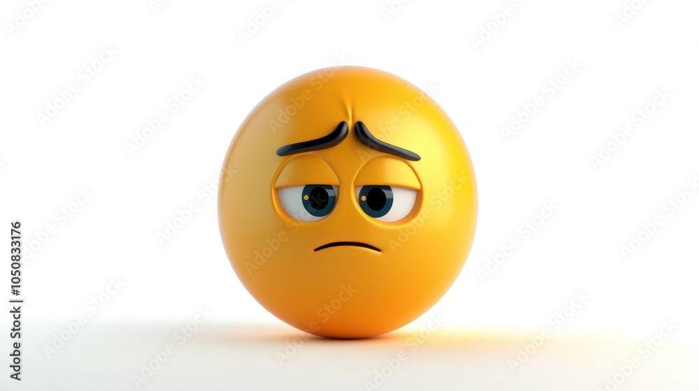 Fototapeta premium A thoughtful 3D yellow emoji, looking downward with a furrowed brow, isolated against a white background, representing deep thought or concern