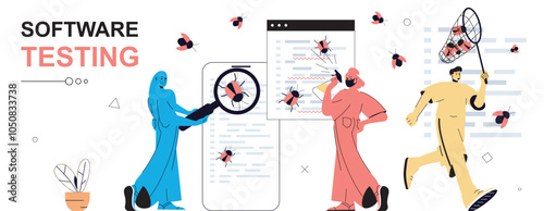 Software testing concept in flat cartoon design for web banner. People looking for software errors, finding bugs in program code, fixing mistakes, debugging code, doing analysis. Vector illustration.