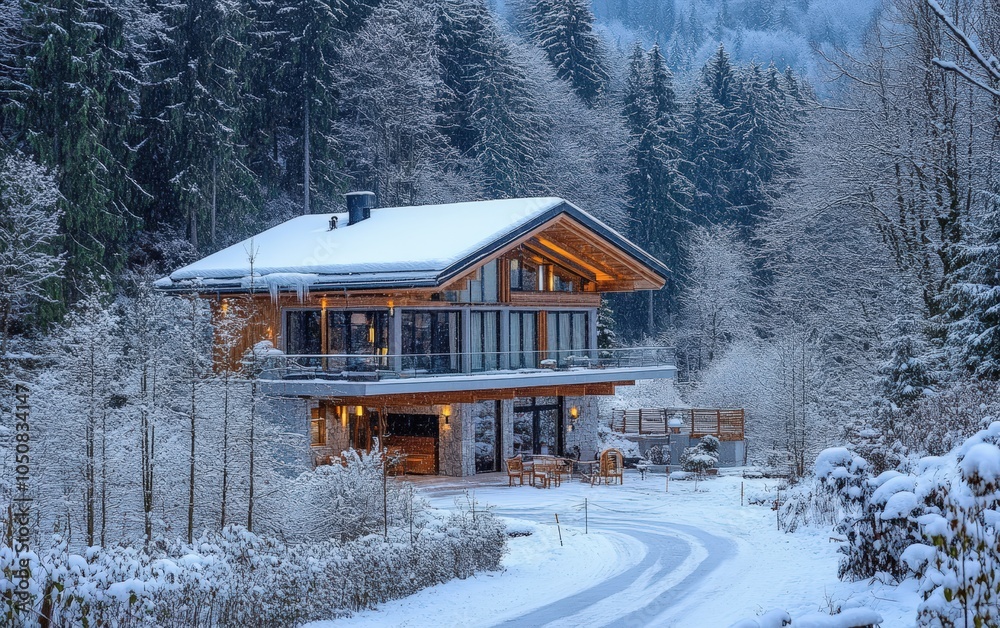 Modern Mountain Chalet austrian mountains christmass snow road Modern Mountain Chalet austrian mountains christmass snow road