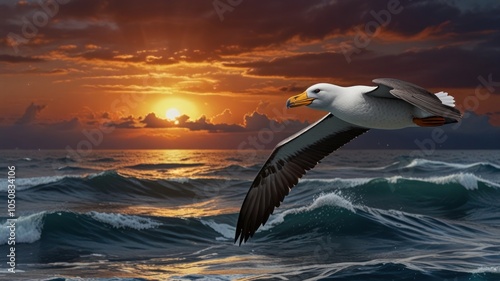 A white and black seabird soars above the ocean at sunset, with waves crashing in the foreground and the sun peeking out from behind clouds.