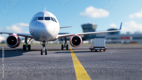 Passenger airplane on runway with luggage cart in the foreground, AI