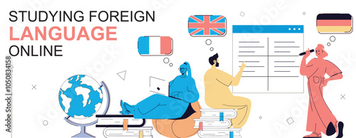 Studying foreign language online concept in flat cartoon design for web banner. People learning english, french, german at online course, talk with natives, work with vocabulary. Vector illustration.