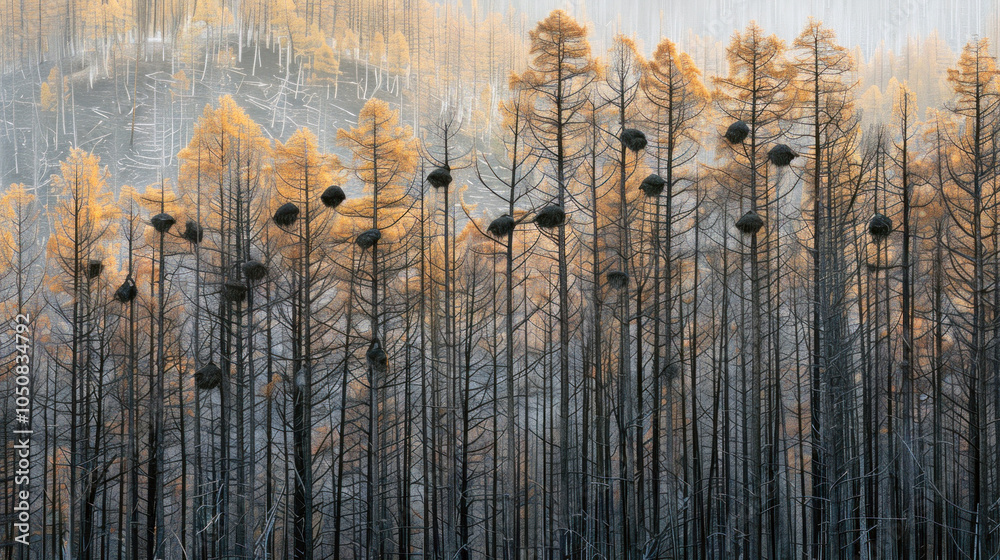 Obraz premium Several bird nests in a burnt forest landscape, symbolizing resilience and rebirth amidst devastation.
