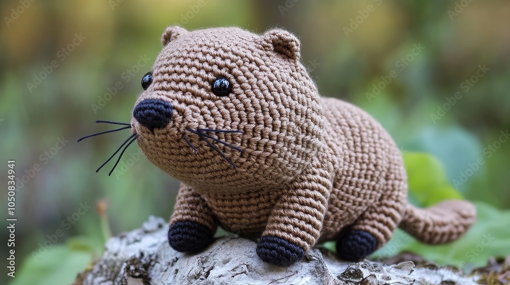 Obraz premium A playful crochet otter in brown, settled on a rugged log amidst a lush forest scene, emphasizing its adorable features and unique crafting techniques.