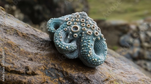 A captivating crochet octopus designed in blue hues, resting on a rocky surface, showcasing its textured tentacles and creative design in coastal surroundings. photo