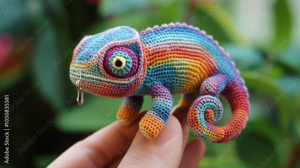 Obraz premium A crochet chameleon displays vibrant rainbow colors, highlighting intricate artistry and playfulness, embodying a handcrafted masterpiece.