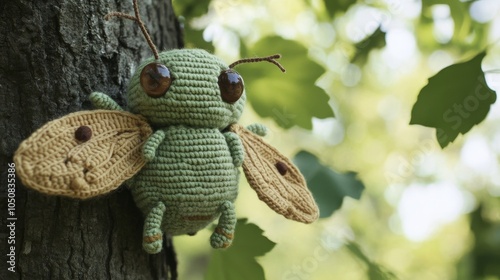 A crochet beetle rests on a tree, showcasing textured wings and finely crafted features in green and earthy tones as a charming handmade creation. photo