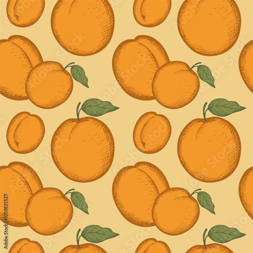 Vector Seamless pattern with engraved apricots fruits. Hand drawn repeating background with juicy fresh apricot. Desert, sweets, healthy food. For print, textile, label, template, logo, card, paper