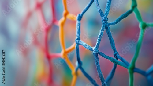 A network of interconnected threads in different colors forming a strong fabric, Metaphorizing the interwoven strengths of diverse perspectives, photography style photo