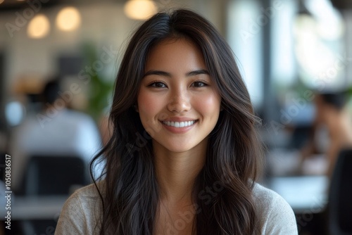 Smiling asian businesswoman at office, Generative AI