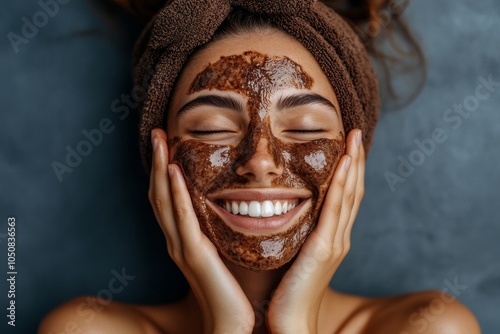 Cheerful young woman scrubbing her face with coffee, Generative AI