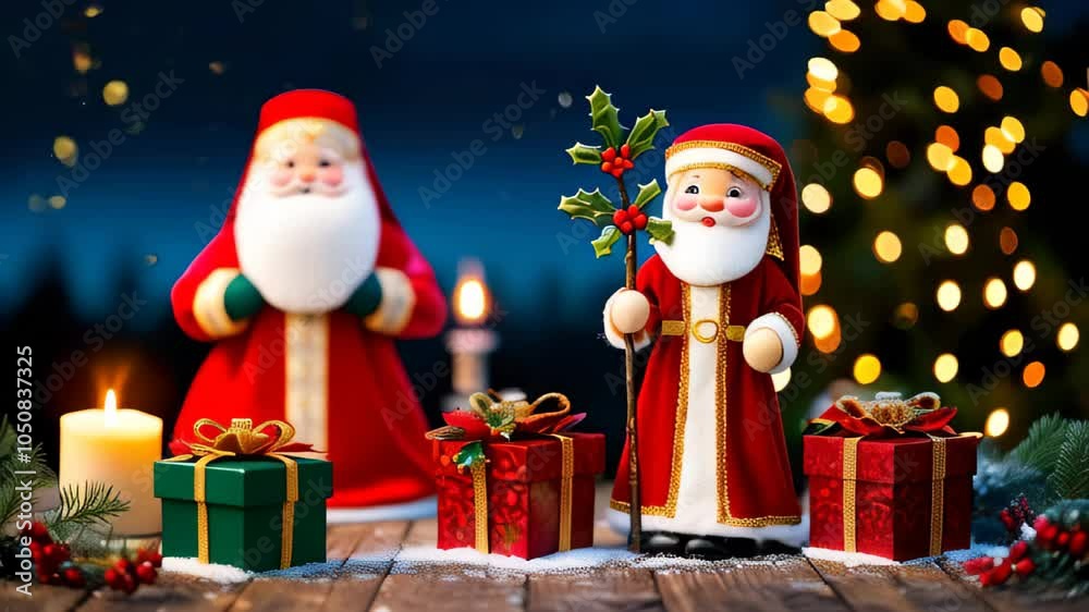 Cute Saint Nicholas with gift box, and candles. Christmas eve. Saint Nicholas holding a staff adorned with holly stand against festive Christmas background with bokeh lights