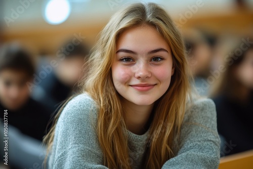 Portrait of a smiling girl sitting in university classroom, Generative AI