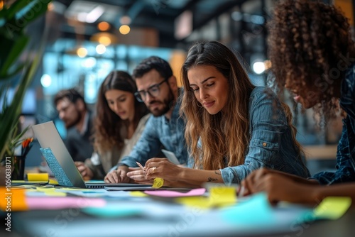 Multicultural team of business professionals brainstorming ideas in modern office, Generative AI