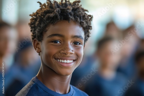 Boy smiling during physical training class in high school, Generative AI