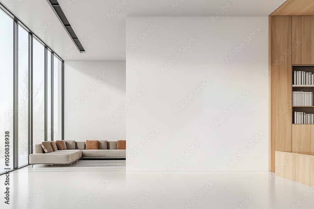 Fototapeta premium Mock-up of blank white wall in living room minimalist interior, empty space for your content
