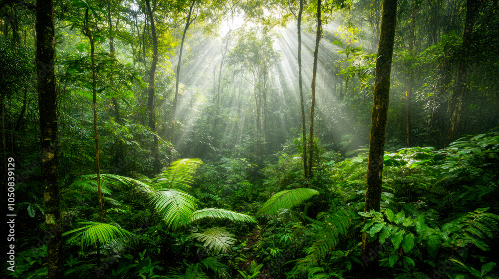 Fototapeta premium Untouched tropical forest, saturated green foliage, sun rays