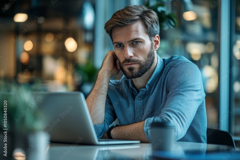 Thoughtful business man working on a laptop in an office, Generative AI Thoughtful business man working on a laptop in an office, Generative AI