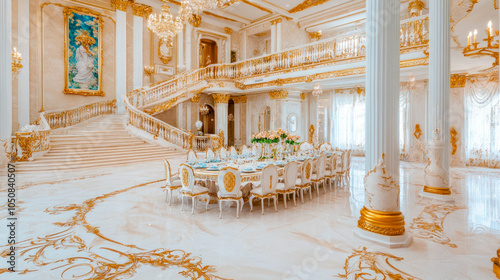 Dining room in expensive, ultra rich home photo