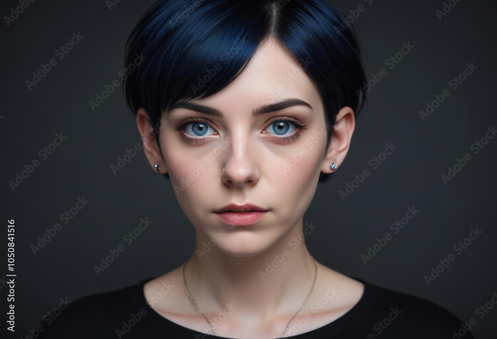 Fototapeta premium Young girl with serious expression with fashionable short haircut and blue hair color