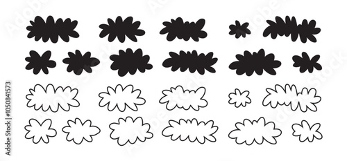 Cartoon cloud icon set, fluffy shape. Flat vector hand drawn doodle clouds isolated on white background.