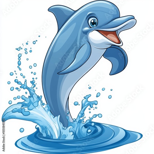 Illustration of a vibrant blue dolphin leaping out of the water creating energetic splashes, capturing a sense of freedom, joy, and playful grace. photo