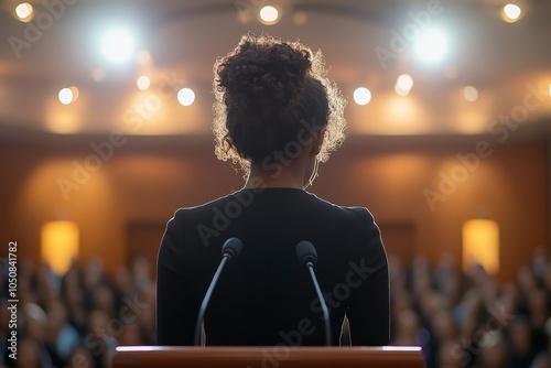 Businesswoman public speaking behind the podium, Generative AI photo