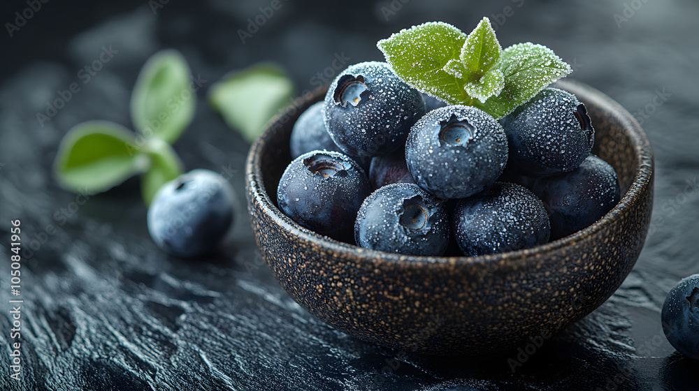 Mesmerizing Close-up of Frozen Blueberries Displayed in a Modern Bowl with Dramatic Lighting Mesmerizing Close-up of Frozen Blueberries Displayed in a Modern Bowl with Dramatic Lighting
