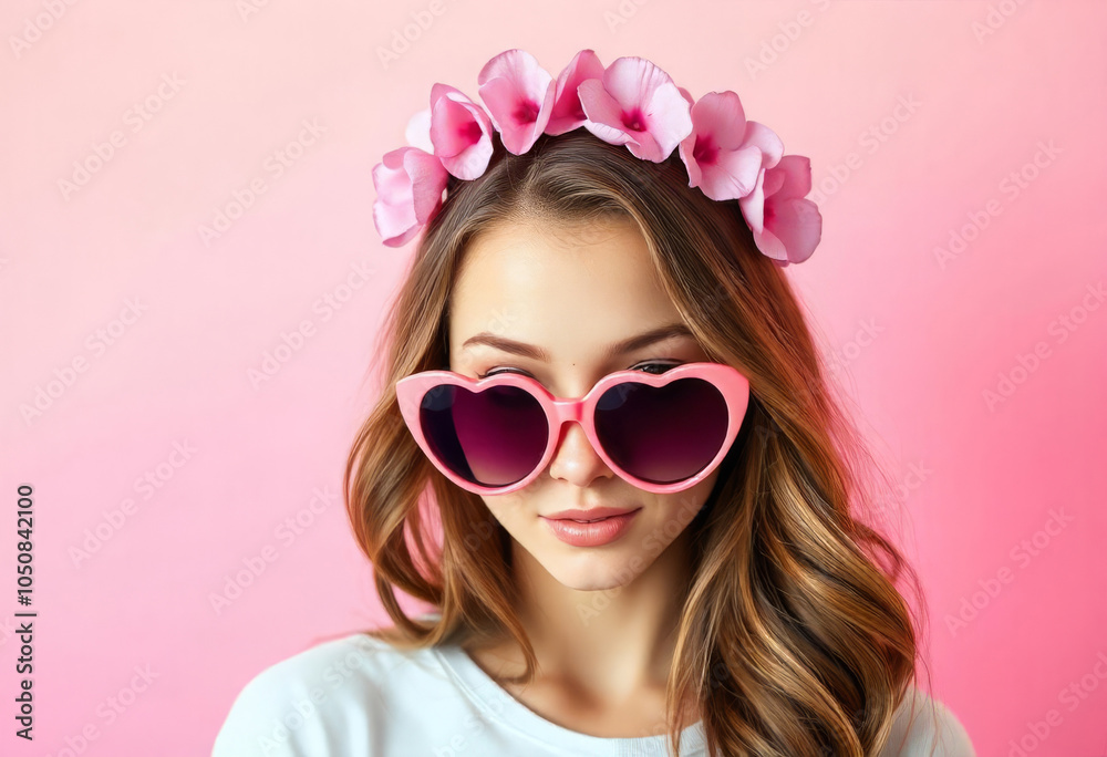 Beautiful girl in heart glasses and a wreath of flowers Beautiful girl in heart glasses and a wreath of flowers