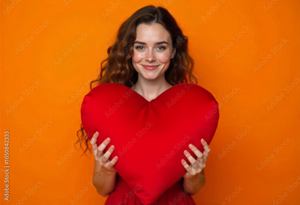 Portrait of a beautiful girl with a red heart on a orange background Portrait of a beautiful girl with a red heart on a orange background