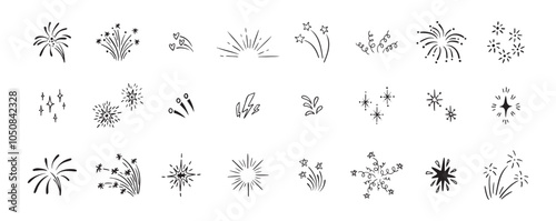 Set of cute fireworks line doodle elements. Lightning, explosion, sunburst, fireworks, bling, motion effects Party, birthday, anniversary and Christmas.