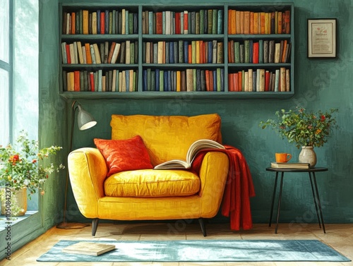 Brightly colored bookshelves and a yellow chair in a green room