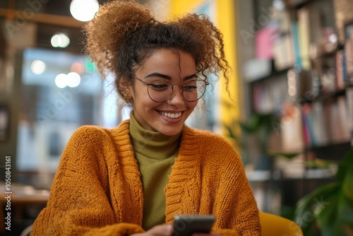 Freelance professional smiling in a modern co-working space whiling looking at her smartphone, Generative AI photo