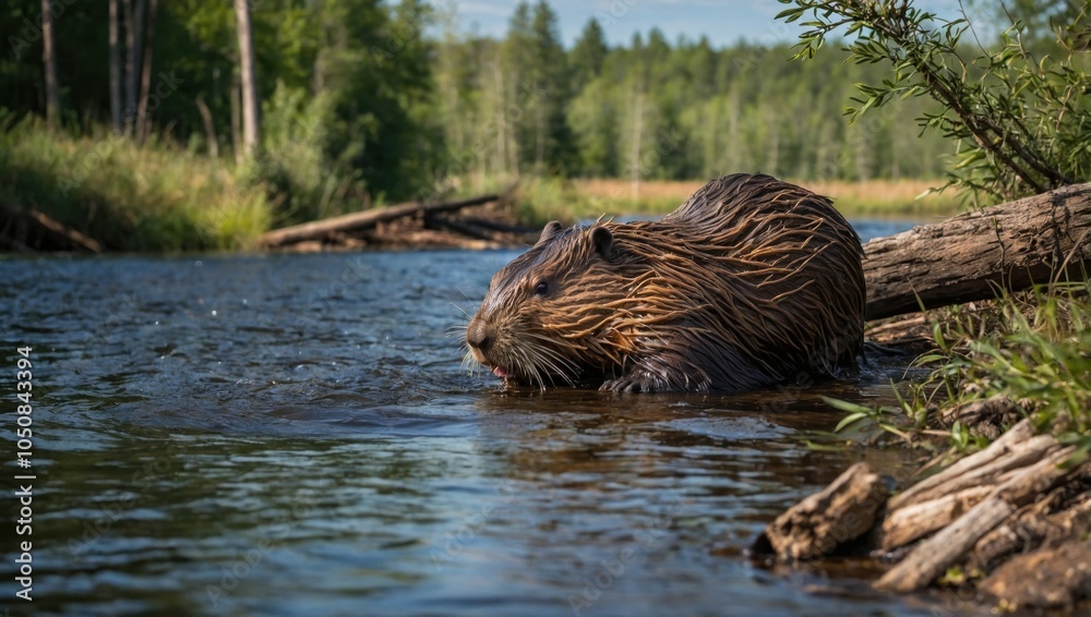 Beavers build a wooden dam on a river Beavers build a wooden dam on a river