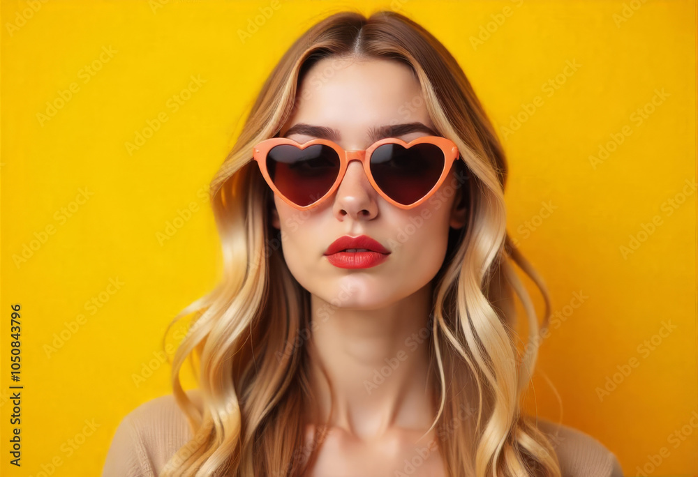 Portrait of a young blonde girl in heart-shaped glasses on a yellow background Portrait of a young blonde girl in heart-shaped glasses on a yellow background