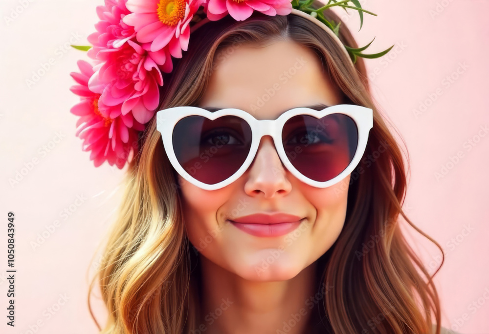 Beautiful girl in heart glasses and a wreath of flowers Beautiful girl in heart glasses and a wreath of flowers
