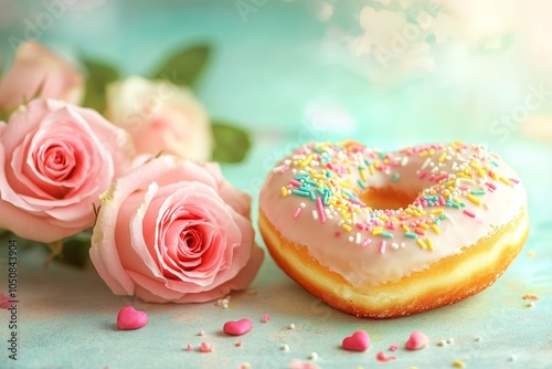 Appetizing heartshaped donut sits gracefully next to lovely pink roses, ideal for any sweetthemed celebration photo