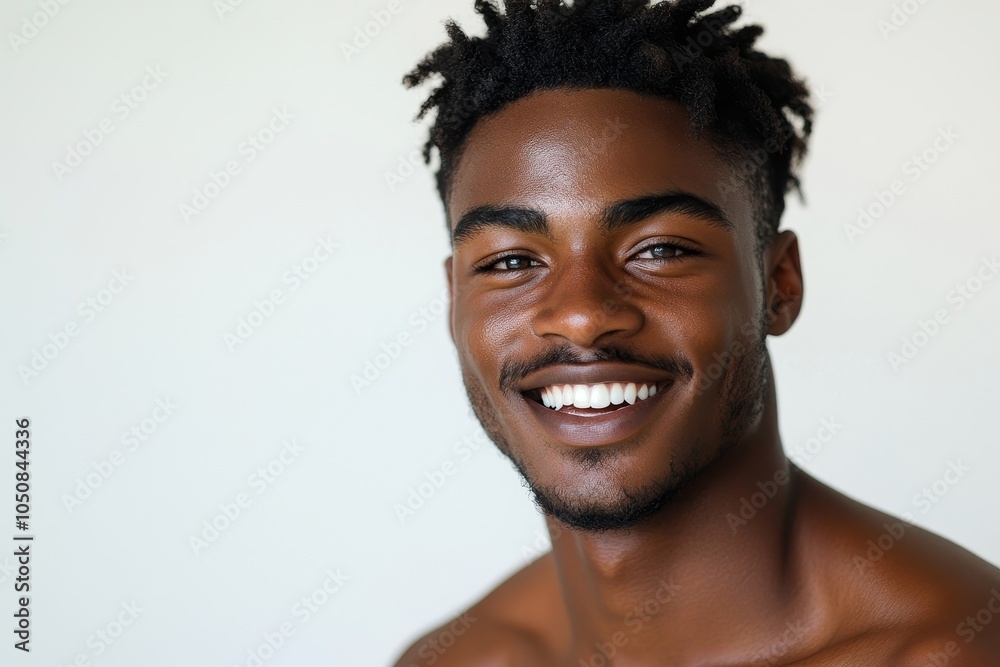Obraz premium Young man smiling as he shows his beautiful radiant skin in a studio, Generative AI