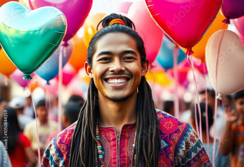 Portrait of happy man with heart shaped balloons. Valentine's day concept photo