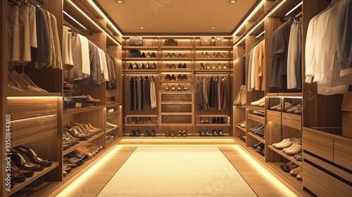 Elegant Wooden Closet with Stylish Shoes and Clothes