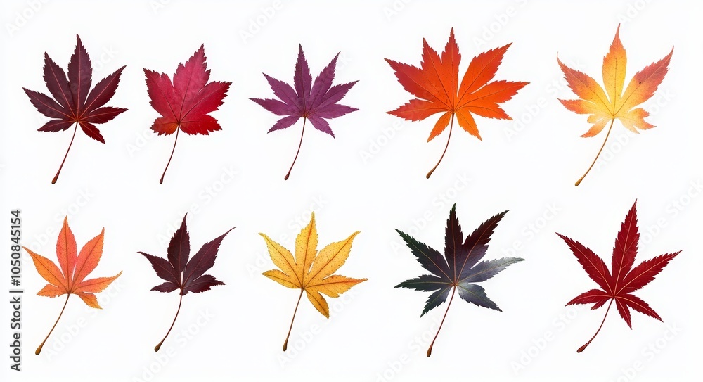 A front view of ten natural maple leaves of the autumn period in yellow, orange, red, burgundy, and green colors. A front view of ten natural maple leaves of the autumn period in yellow, orange, red, burgundy, and green colors.