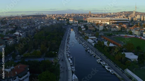 Istanbul Kadıkoy Yogurtcu park, river and boats, Lefter Küçükandonyadis dron bird's eye view