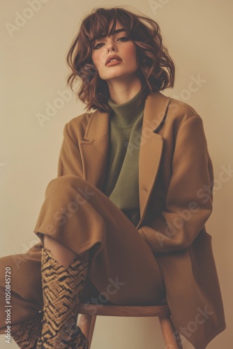 Pretty brunette woman in an autumn outfit sitting on a wooden stool on a beige background