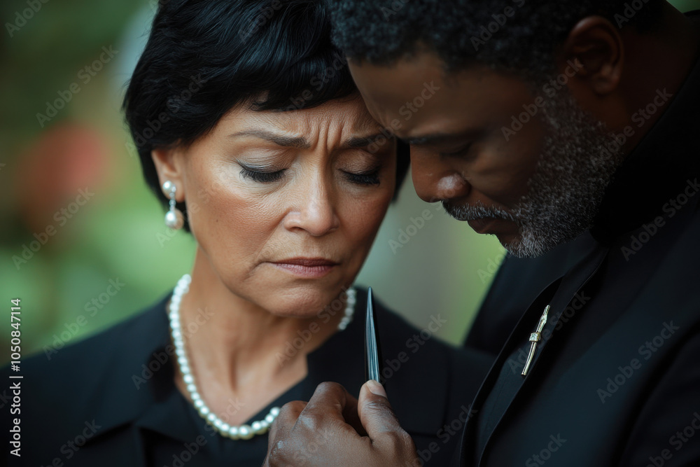 Portrait of sorrowful senior woman grieving over loss of loved one leaning on comforting man during memorial ceremony at gravesite, copy space Portrait of sorrowful senior woman grieving over loss of loved one leaning on comforting man during memorial ceremony at gravesite, copy space